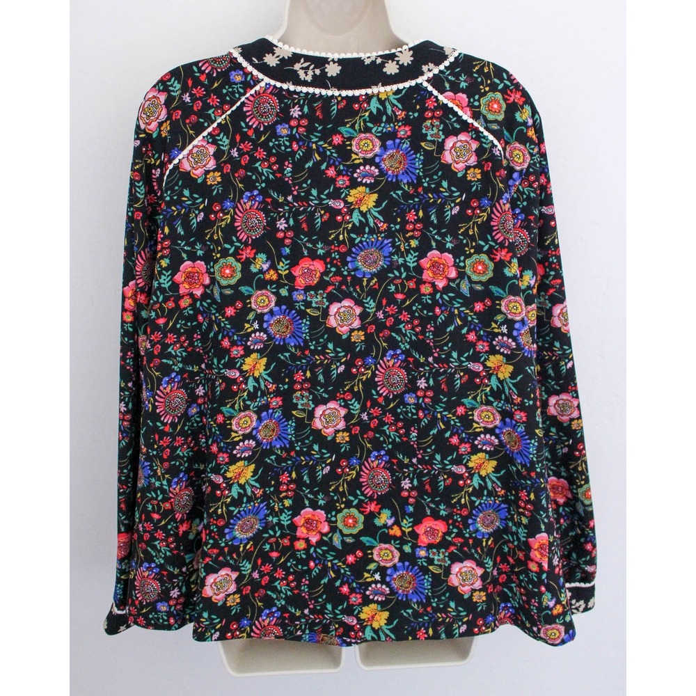 LOGO Lori Goldstein Jacket Large Black Floral Snap Buttons Long Sleeve Pockets - Picture 5 of 9